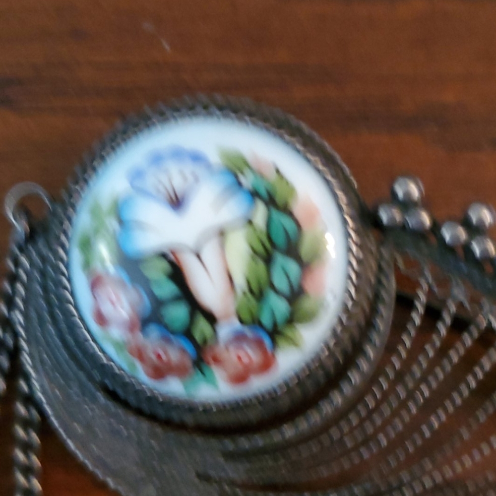 STERLING SILVER PORCELAIN BROOCH - Picture 3 of 4